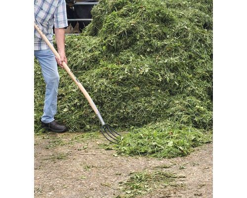 Personne avec une fourche à fumier et un grand tas d''herbe