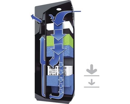Filtre d''aquarium avec masses filtrantes et sens du débit d''eau