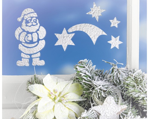 Weihnachtliche Fensterdekoration mit Sternen und Weihnachtsmann