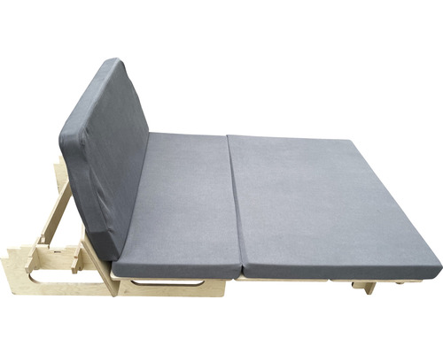 Canapé-lit déplié avec cadre en bois et rembourrage gris