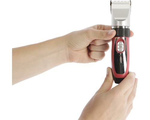 Hände halten eine Tierhaarschneidemaschine