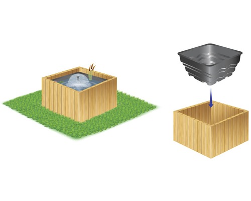 Bassin carré en bois avec jeux d''eau et plantes aquatiques