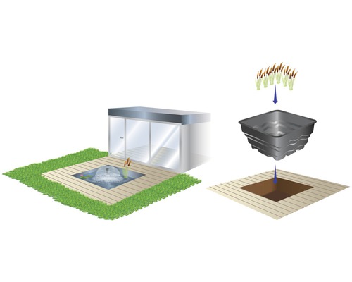 Illustration d''un bassin de jardin avec fontaine et zone de plantation
