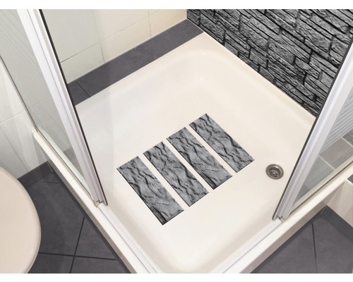 Dusche mit Duschwannenaufklebern und Wandpaneelen in Steinoptik