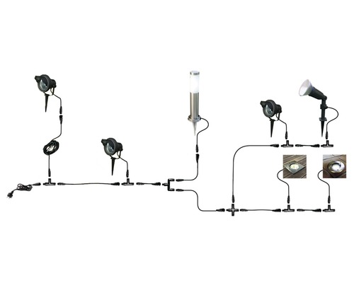 Système d''éclairage de jardin avec spots, borne lumineuse et spots encastrables