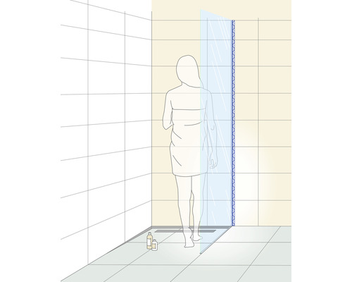 Illustration d''une salle de bains avec paroi de douche, siphon de sol et personne avec serviette