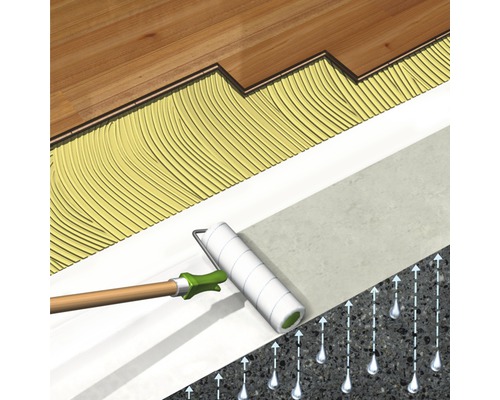 Représentation de la structure d''un plancher en bois avec pare-vapeur, masse d''égalisation et colle