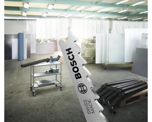 Szene einer Werkstatt mit einer Bosch Sägeblatt Nahaufnahme und einer Vorrichtung zum Absaugen.