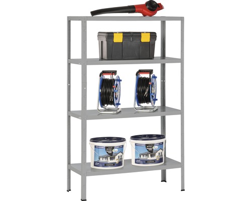 Étagère grise avec souffleur de feuilles, boîte à outils, enrouleurs de câbles et pots de peinture