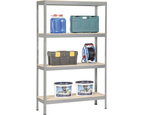 Regal mit vier Ebenen und verschiedenen Produkten