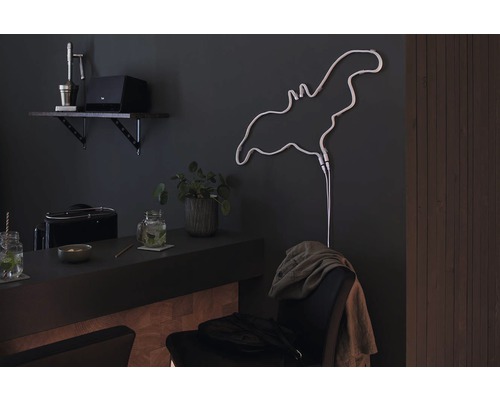 Pièce décorative avec une lumière néon chauve-souris sur le mur.