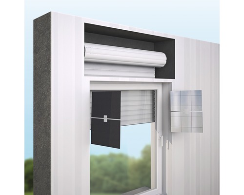 Fenster mit Rollladen und Jalousie