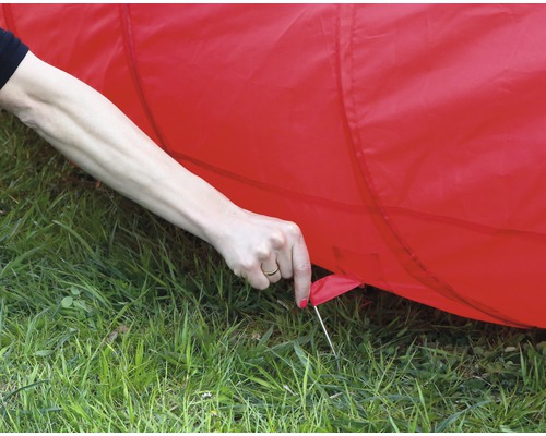 Gros plan d''un tunnel de jeu rouge fixé à l''herbe avec des sardines
