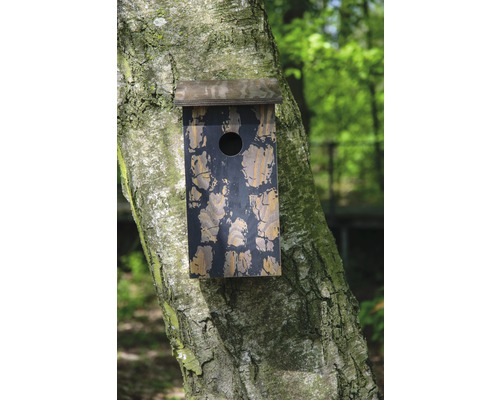 Vogelhaus aus Holz mit Loch am Baumstamm