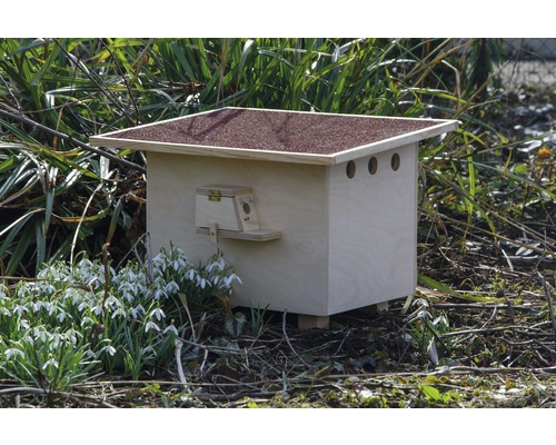 Hôtel à insectes en bois avec toit bitumé dans le jardin