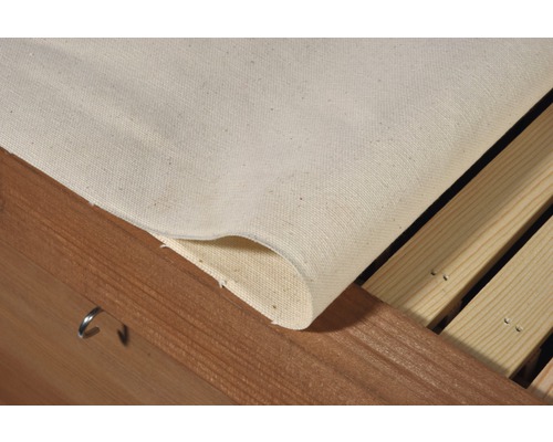 Detailansicht einer Abdeckung aus Leinen auf einem Holzrahmen