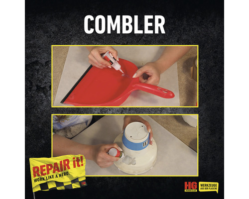 Application de colle instantanée sur une pelle à poussière et un pot de fleurs.