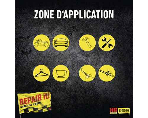 Zone d''application avec des icônes de moto, voiture, marteau, clé, cintre, tasse, tondeuse à gazon, tronçonneuse et drapeau Repair it !