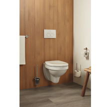 Modernes Badezimmer mit Wand-WC, Toilettenbürste, Handtuchhalter und WC-Papierhalter.