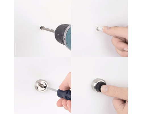 Les images montrent le montage d''un butoir de porte sur un mur avec une perceuse et un tournevis.
