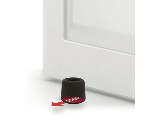 Butée de porte devant une porte avec un symbole d''arrêt rouge et une flèche