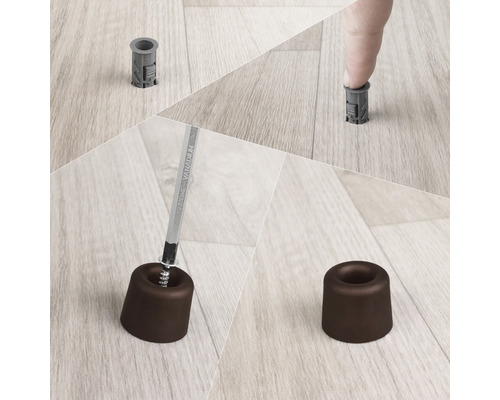 Montage d''un butoir de porte marron sur un plancher en bois avec cheville et tournevis