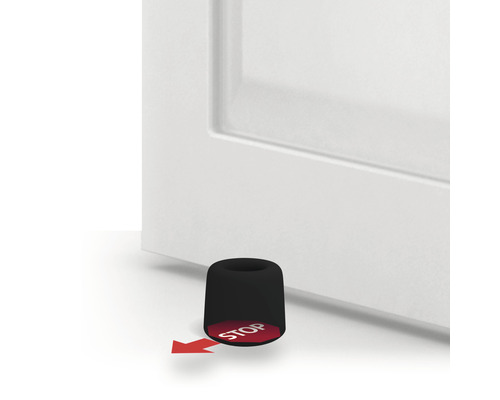 Butoir de porte devant une porte avec une flèche rouge et le mot Stop