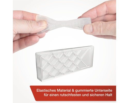 Butoir de porte transparent en matériau élastique tenu par des mains