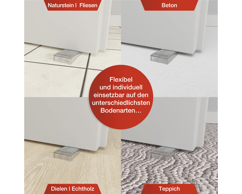 Exemples d''application d''une cale de meuble sur des carreaux en pierre naturelle, du béton, des planches en bois véritable et de la moquette.