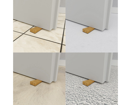 Collage montrant un butoir de porte en bois sous différentes portes sur différents revêtements de sol