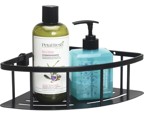 Étagère d''angle noire avec shampooing et après-shampooing
