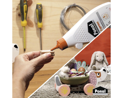 Anwendung von Ponale Express Holzleim und Spielzeug-Dekoration mit Hunde-Motiv