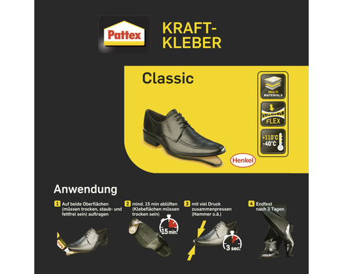 Pattex Kraftkleber Classic Anwendungsbeispiel mit Herrenschuh und Anwendungshinweisen