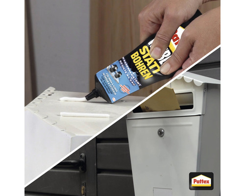 Anwendung von Montagekleber auf einem Werkstück und ein Briefkasten