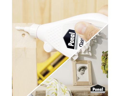 Ponal Classic Holleim in Anwendung an einem Holzstück und mit Produktbeispielen