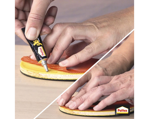 Eine Person trägt Klebstoff auf eine Vorrichtung auf, Pattex Logo