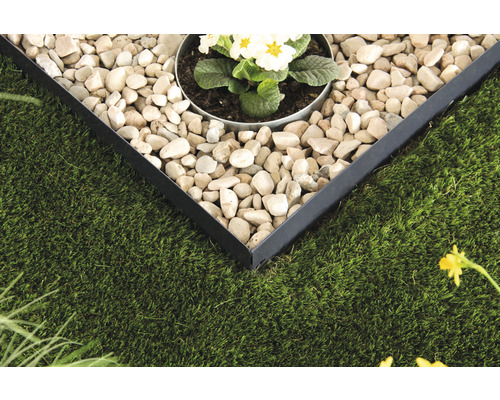 Bordure de pelouse Bellissa 115x19,5 cm anthracite Gros plan d''un jardin avec pelouse, pierres et bordure métallique