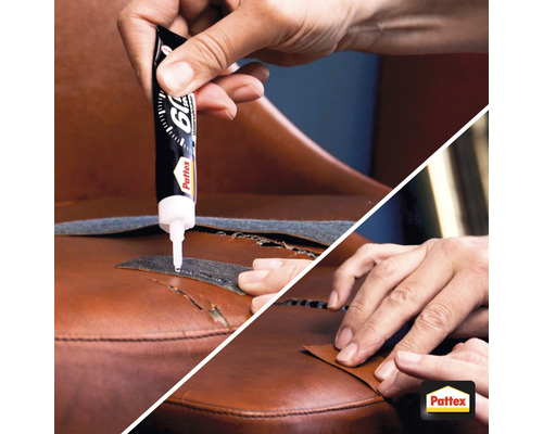 Reparatur eines beschädigten Lederstuhls mit Klebstoff von Pattex