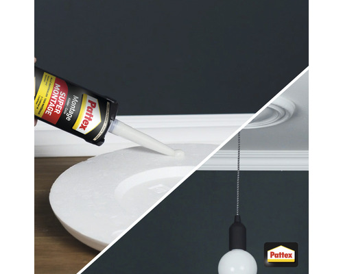 Application de la colle Pattex Super Montage sur une rosace de plafond et un plafonnier sous une moulure au plafond