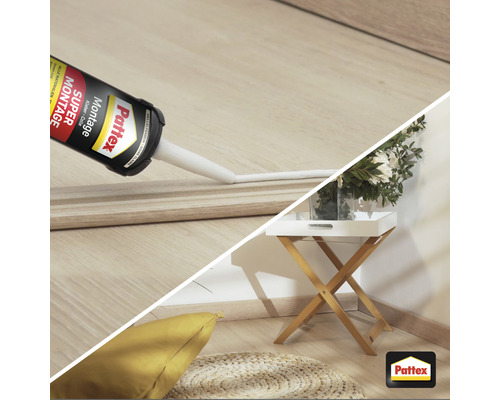 Application de la colle de montage Pattex Super à l''intérieur avec accessoires et logo Pattex