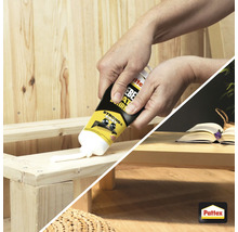 Eine Person trägt Klebstoff auf ein Holzstück auf. Pattex Logo sichtbar.