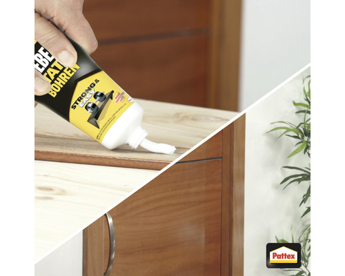 Eine Tube Montagekleber wird auf ein Holzstück aufgetragen.