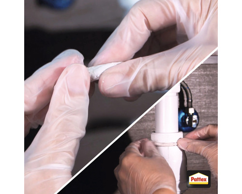 Auftragen von Kitt auf ein Abflussrohr mit Pattex Logo