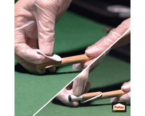 Auftragen von Klebstoff auf ein Holzprodukt mit Handschuhen vor einem grünen Hintergrund, Pattex Logo