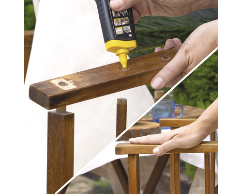 Réparation du bois avec de la pâte à bois sur une chaise en bois