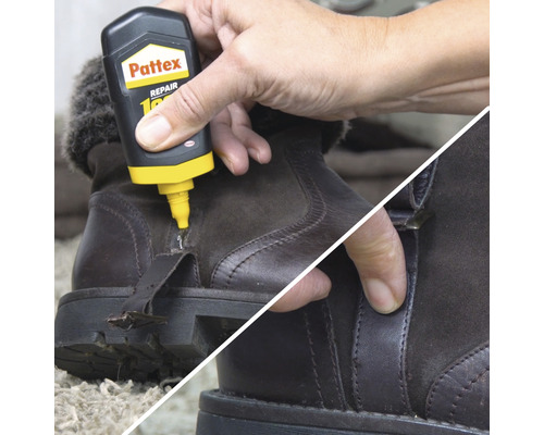 Application de la colle Pattex Repair 100 pour cent sur une chaussure pour la réparer