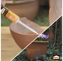 Photo en extérieur d''une personne réparant un pot en terre cuite cassé avec de la colle, avec d''autres pots et de la végétation en arrière-plan. Logo Pattex.