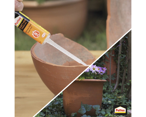 Außenaufnahme einer Person, die mit einem Klebstoff einen zerbrochenen Terrakottatopf repariert, im Hintergrund weitere Töpfe und Vegetation. Pattex Logo.