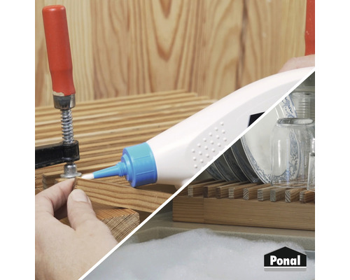 Anwendung von Holzleim und Geschirrspüler vor Holzhintergrund und Ponallogo