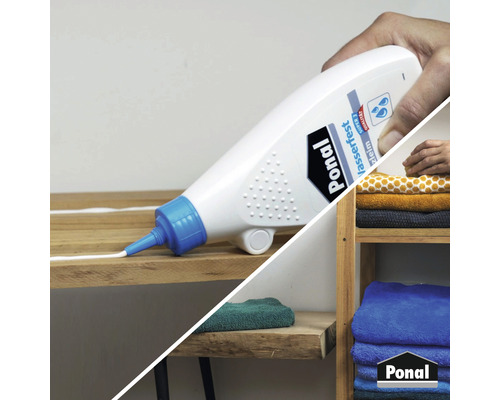 Auftragen von wasserfestem Ponalkleber auf Holzoberfläche, Ponallogo